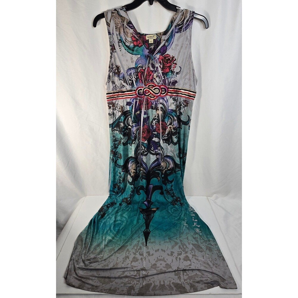 One World Live and Let Live Y2K Boho Maxi Dress Sleeveless Teal Purple XL